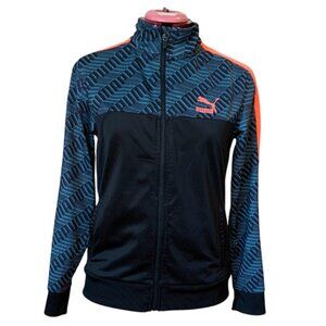 PUMA Kids Track Jacket Size Large 14-16 Black Teal Orange Logo Pattern Full Zip
